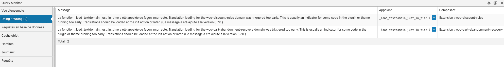 query monitor erreur load textdomain