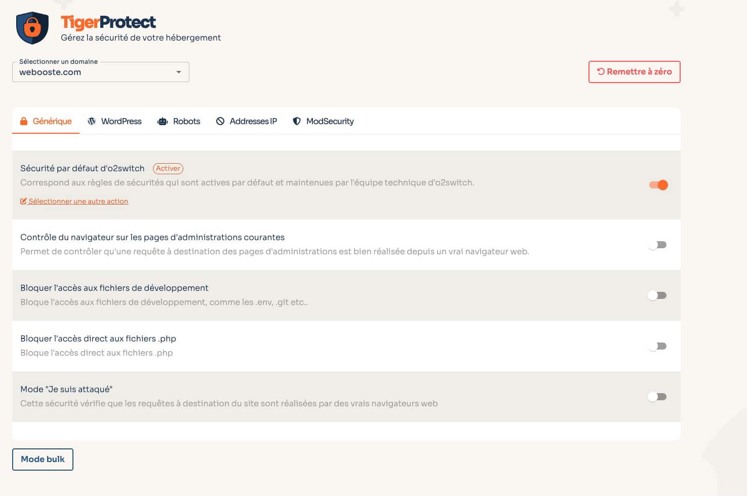 Interface de configuration TigerProtect sur o2switch montrant le réglage du Rate Limit pour protéger WordPress