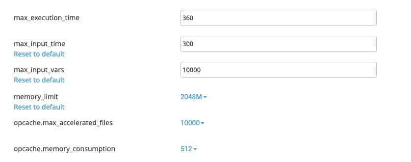 Interface cPanel o2switch pour modifier le memory_limit, max_input_vars et opcache pour WordPress