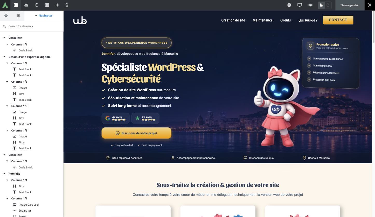 Page d'accueil Webooste dans le Live Builder d'Avada en vue grand écran