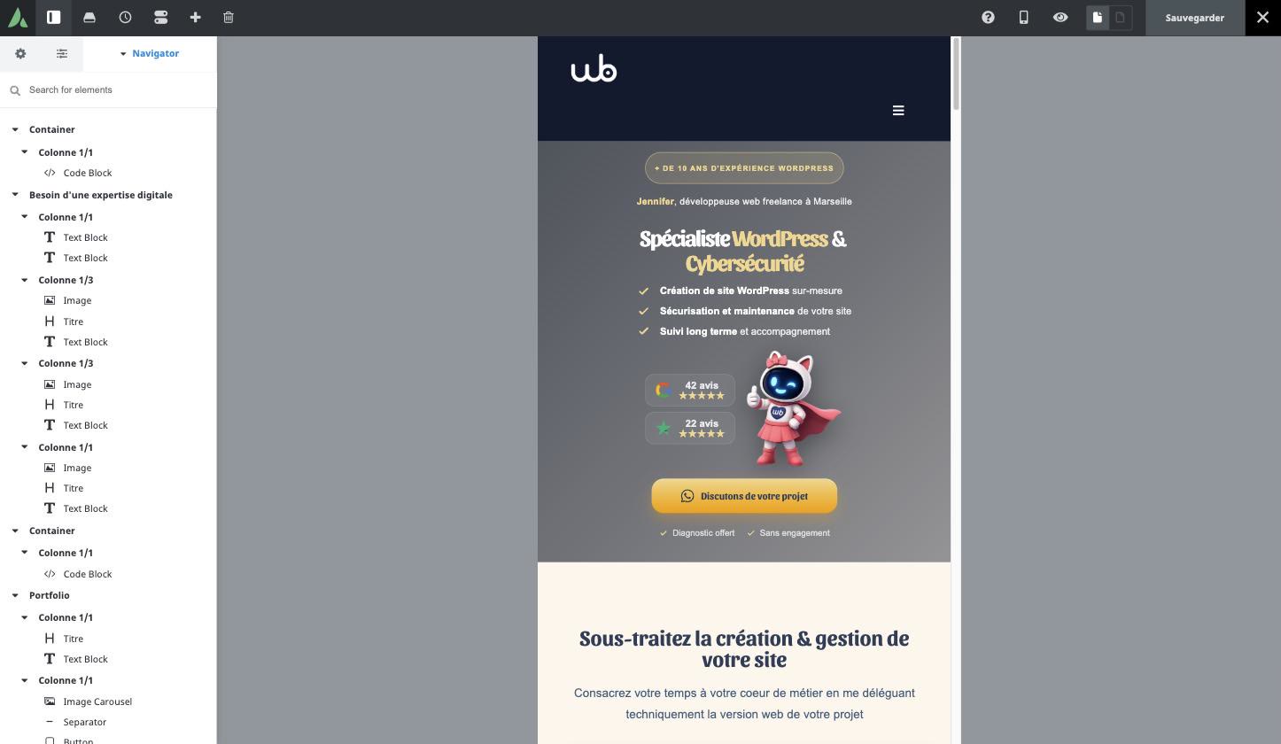 Page d'accueil Webooste dans le Live Builder d'Avada en vue petit écran