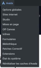 Menu Avada de la barre d'administration WordPress avec Réinitialiser les caches d'Avada