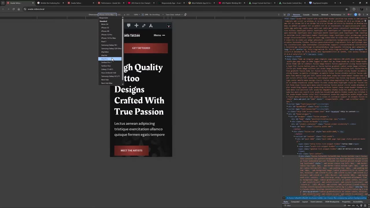 Mode appareil des outils de développement Chrome pour tester l'affichage mobile d'un site Avada