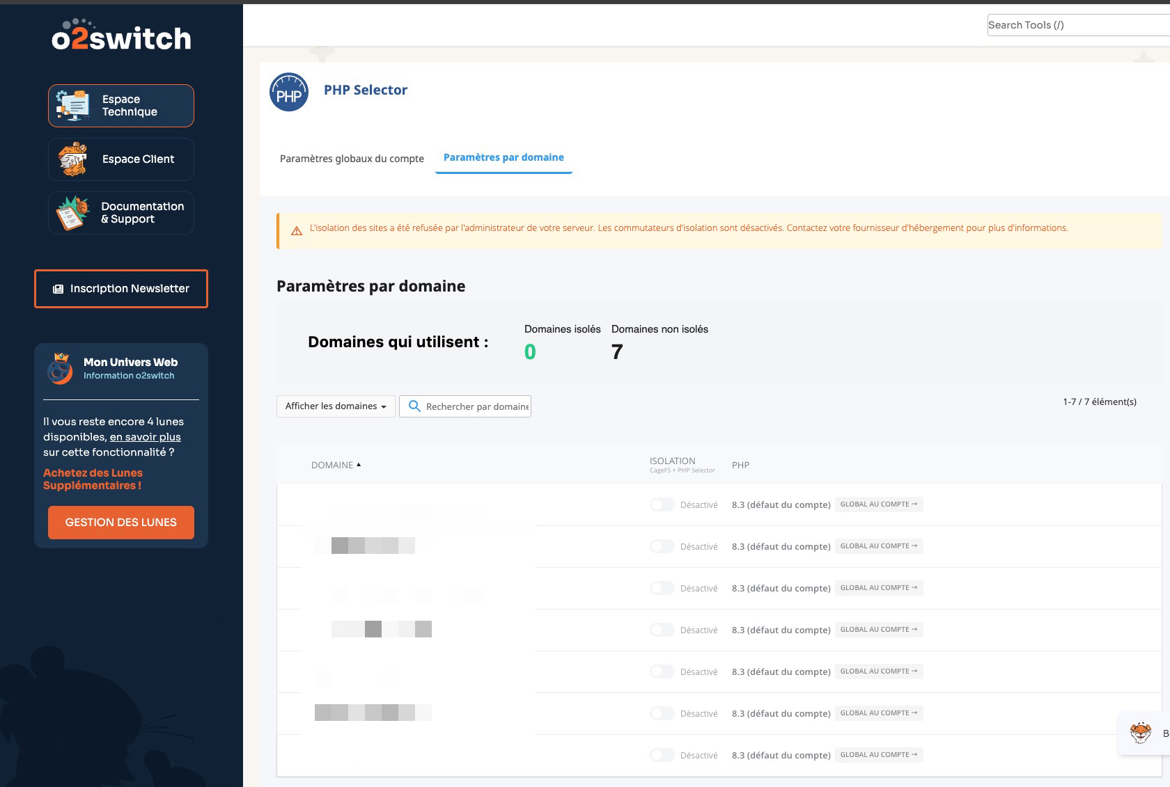 Screenshot PHP Selector chez o2switch : chaque domaine utilise la version PHP par défaut du compte