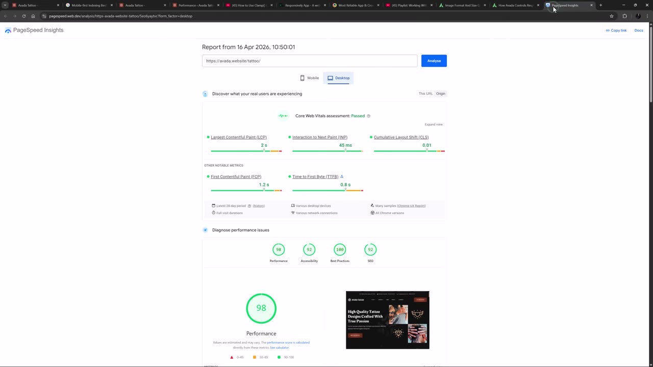 Rapport PageSpeed Insights d'un site Avada