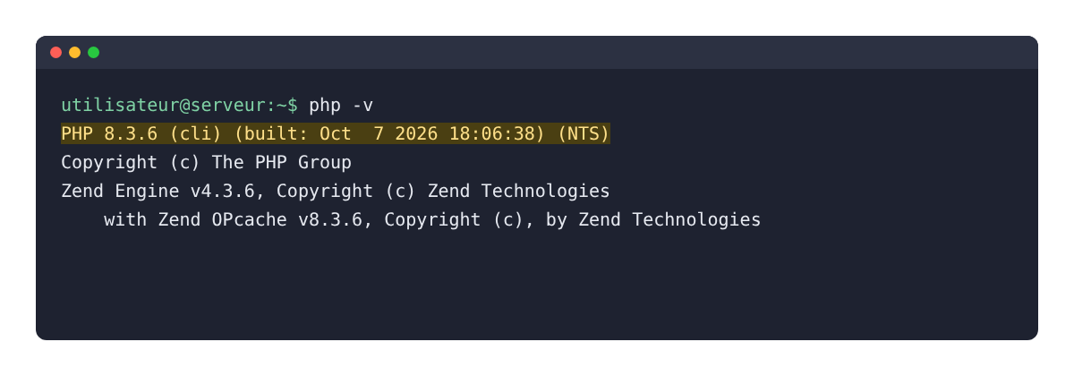 php-v-terminal Résultat de la commande php -v dans un terminal SSH