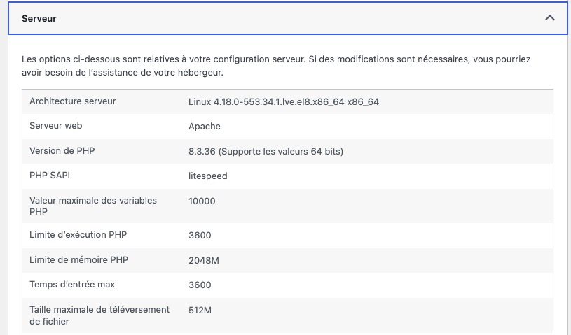Screenshot Version PHP 8.3.36 dans Outils, Santé du site, Informations, Serveur de WordPress